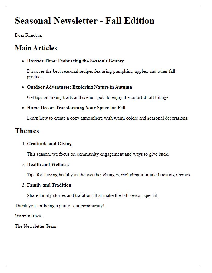 Letter template of seasonal newsletter main articles and themes.