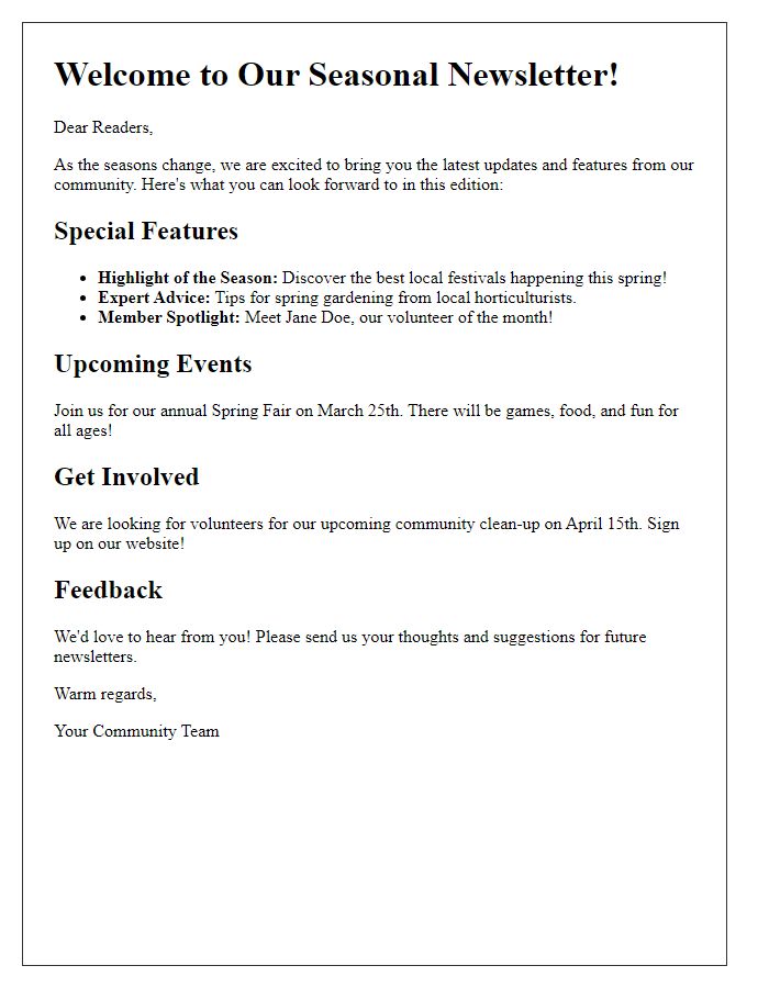 Letter template of seasonal newsletter special features and content.