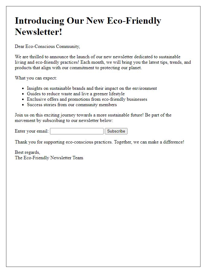 Letter template of newsletter launch for eco-conscious consumers