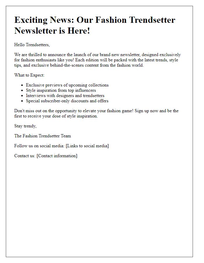 Letter template of newsletter launch for fashion trendsetters