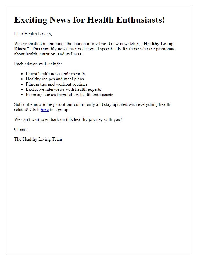 Letter template of newsletter launch for health enthusiasts