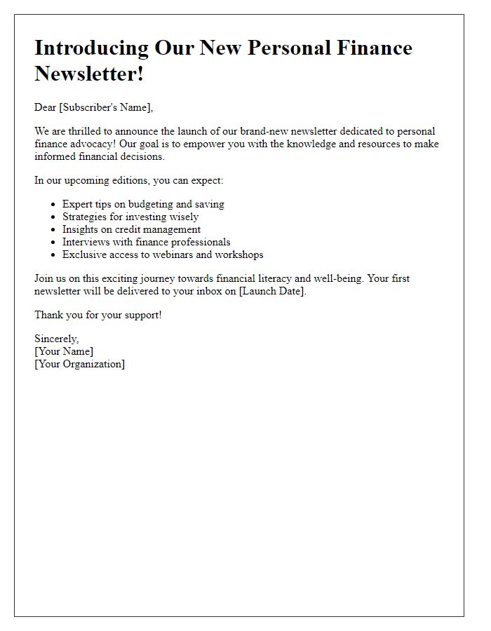 Letter template of newsletter launch for personal finance advocates