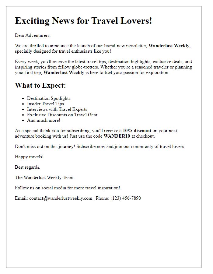 Letter template of newsletter launch for travel lovers