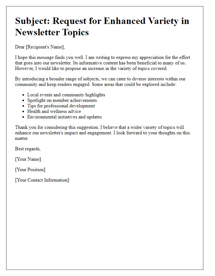 Letter template of appeal for increased newsletter topic variety