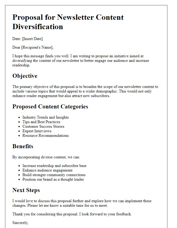 Letter template of newsletter content diversification proposal