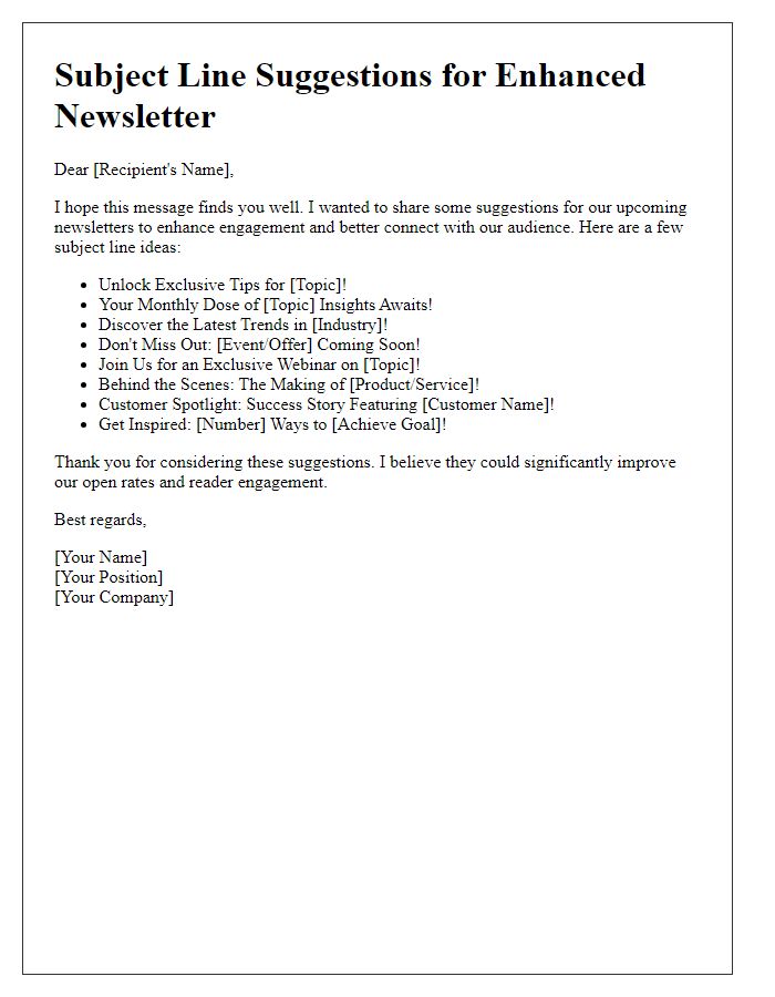 Letter template of suggestion for enhanced newsletter subjects