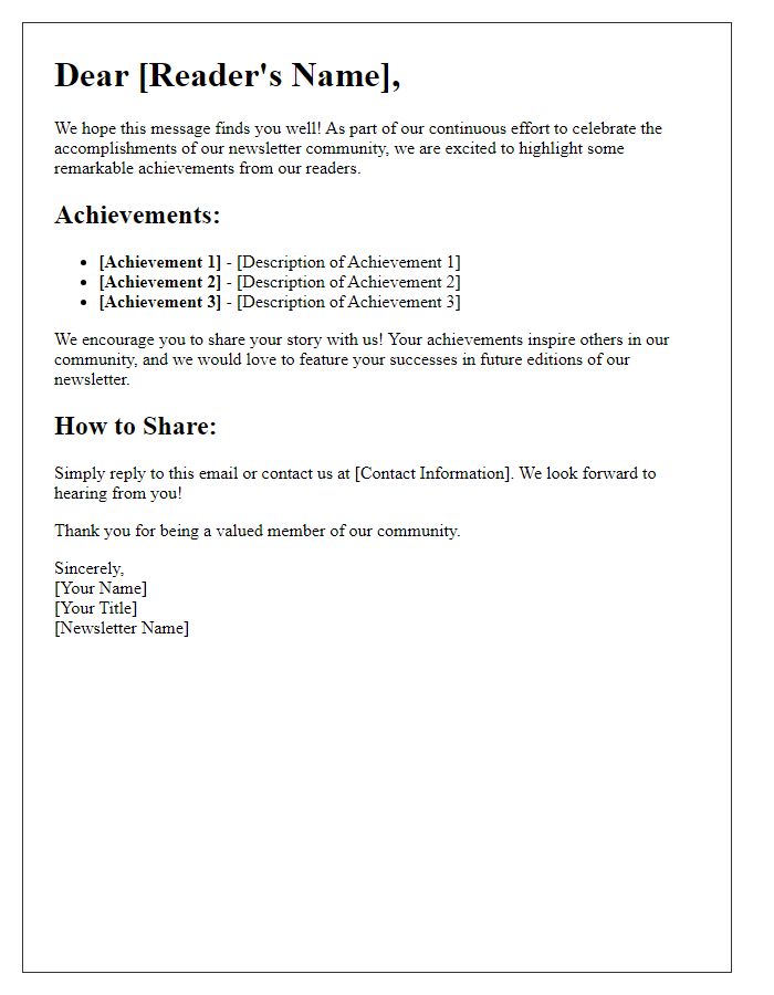 Letter template of Highlighting Achievements from Our Newsletter Readers