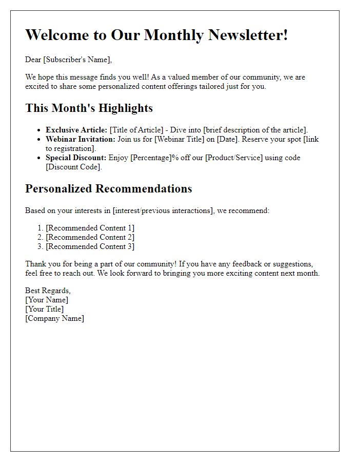 Letter template of personalized content offerings in newsletters.