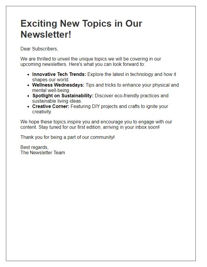 Letter template of unique newsletter topics unveiling.