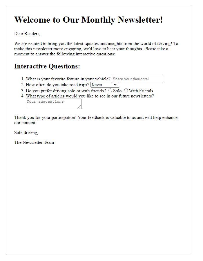 Letter template of driving newsletter engagement with interactive questions.