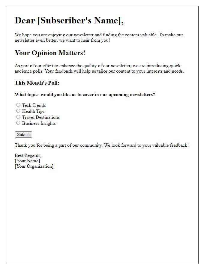 Letter template of enhancing newsletter content with audience polls.