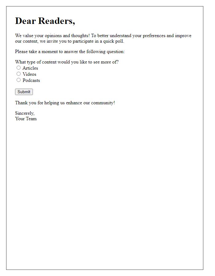 Letter template of gathering reader voices through quick polls.