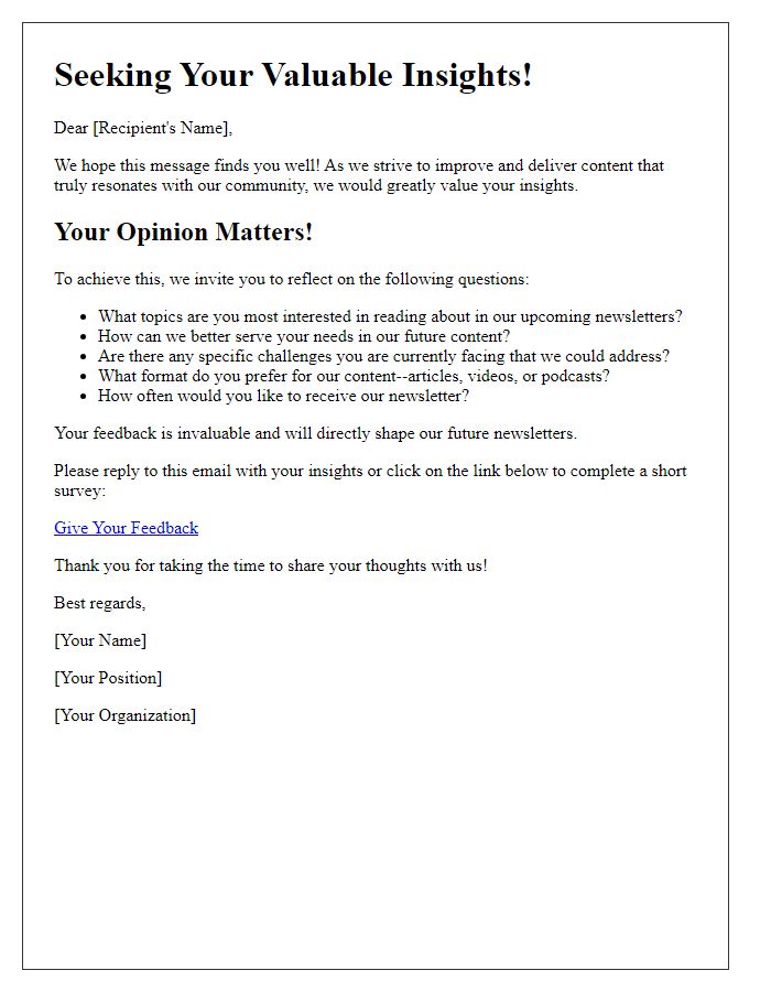 Letter template of seeking insights with engaging newsletter questions.