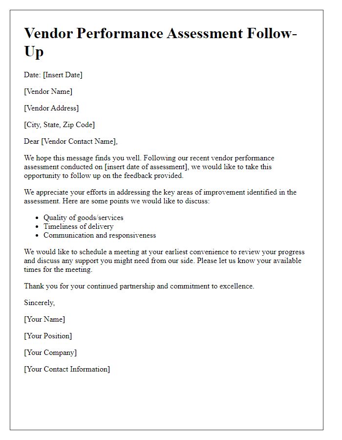 Letter template of vendor performance assessment follow-up