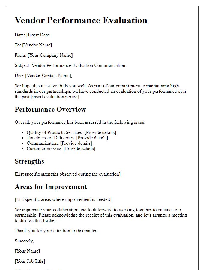 Letter template of vendor performance evaluation communication