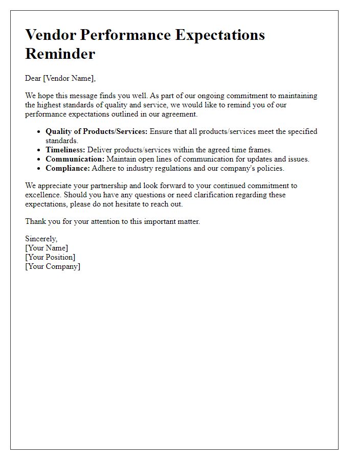 Letter template of vendor performance expectations reminder