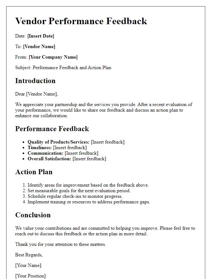 Letter template of vendor performance feedback and action plan