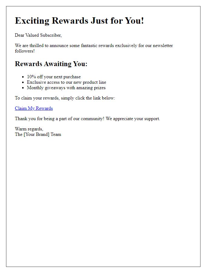 Letter template of exciting rewards for newsletter followers