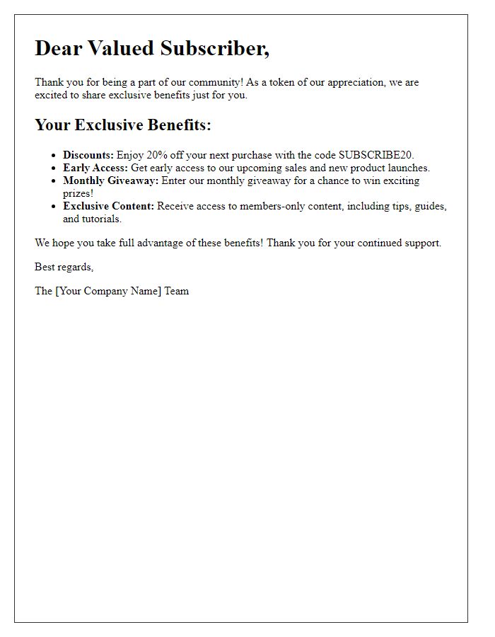 Letter template of exclusive benefits for newsletter subscribers