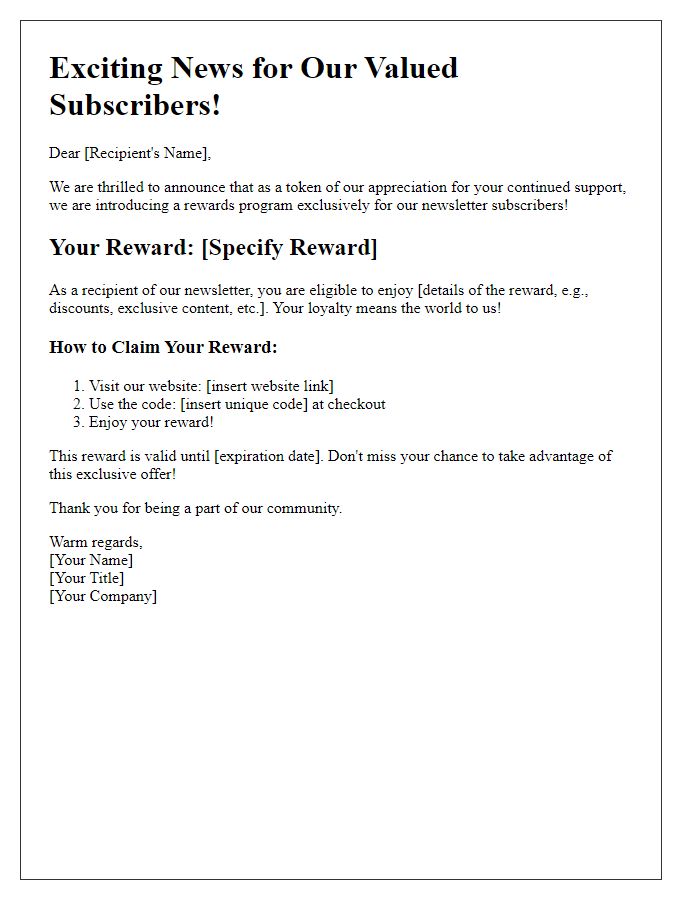 Letter template of newsletter recipient rewards announcement