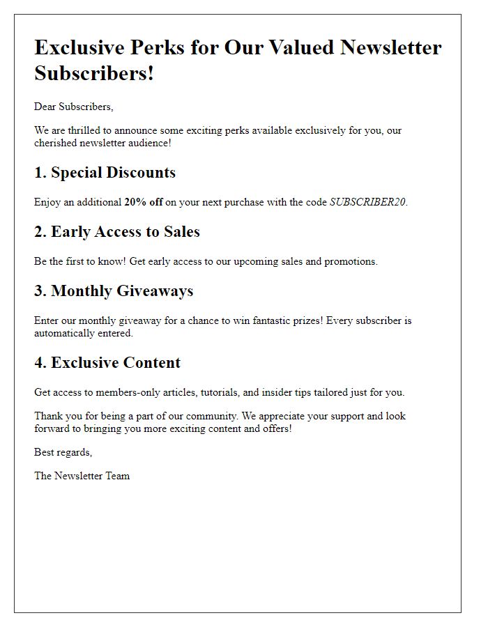 Letter template of perks for our newsletter audience