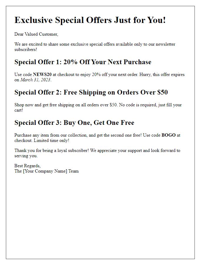 Letter template of special offers for newsletter recipients