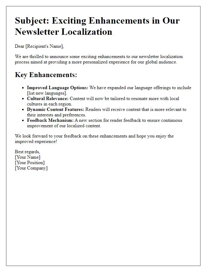 Letter template of enhancements in newsletter localization