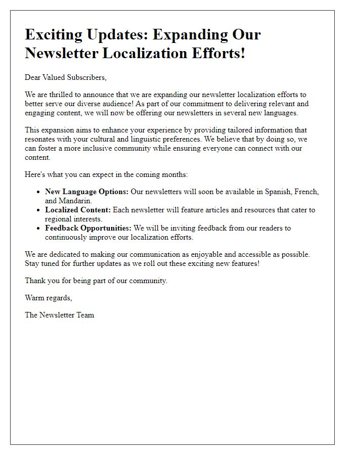 Letter template of expansion in newsletter localization efforts