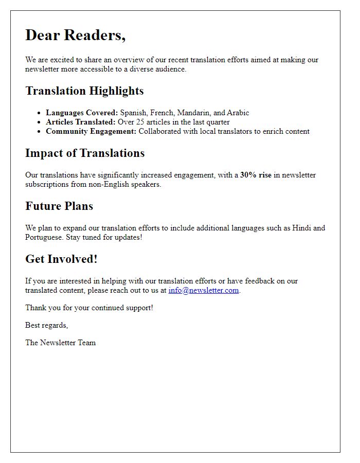 Letter template of newsletter translation efforts overview