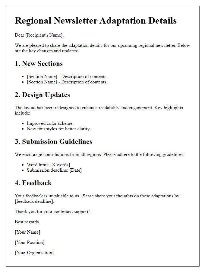 Letter template of regional newsletter adaptation details