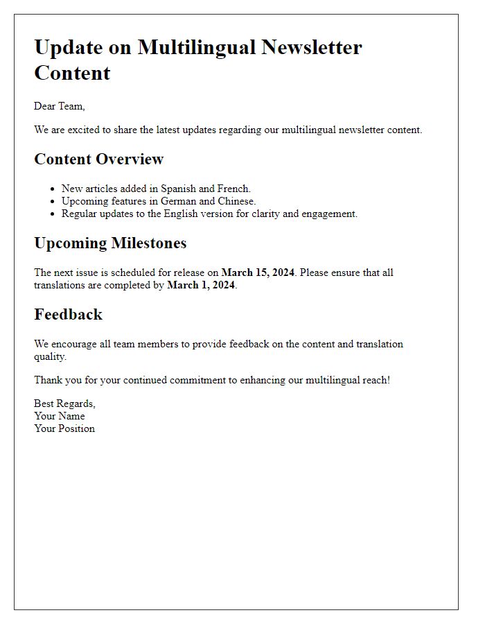 Letter template of updates on multilingual newsletter content