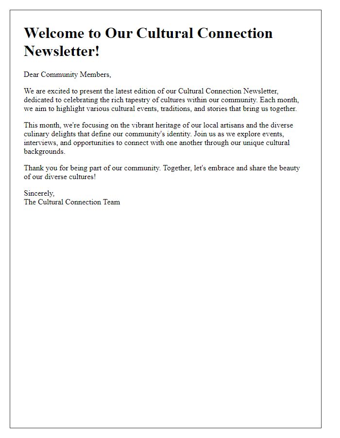 Letter template of cultural themed newsletter introduction for community organizations.