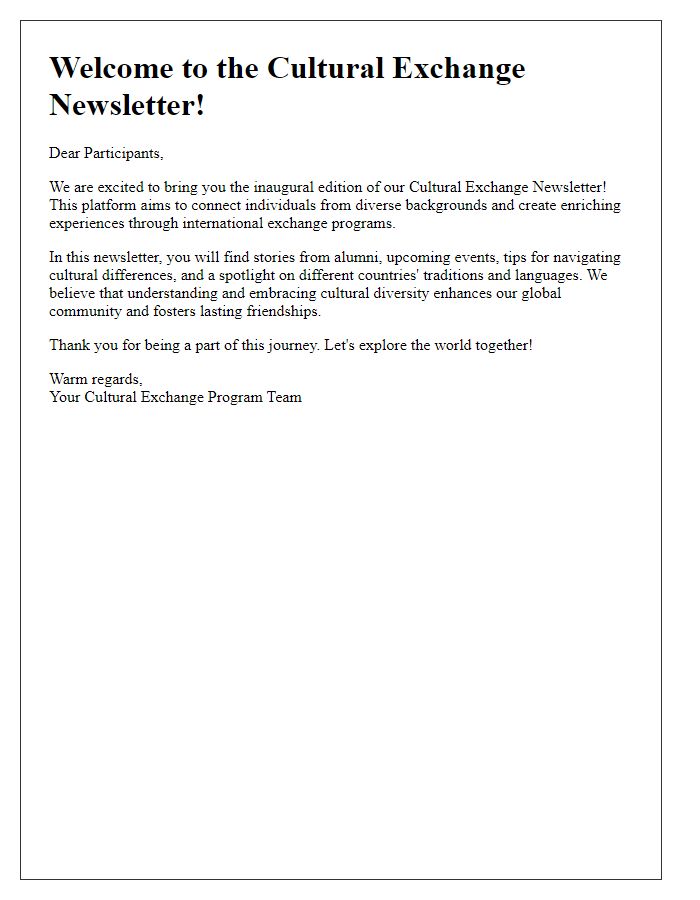 Letter template of cultural themed newsletter introduction for international exchange programs.