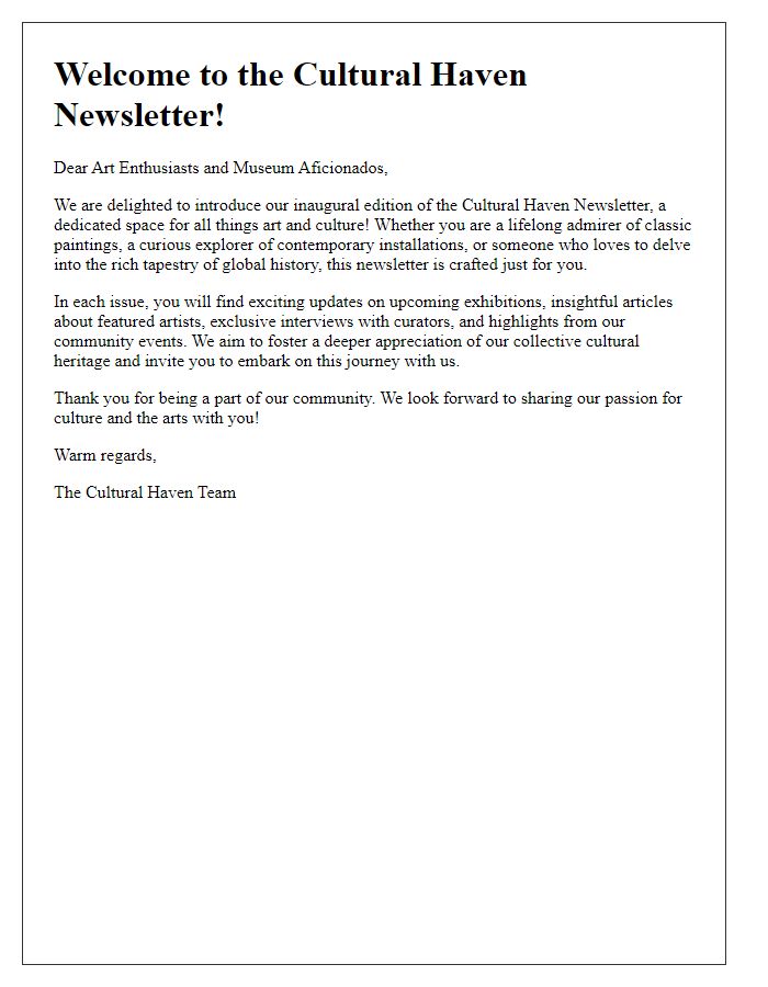 Letter template of cultural themed newsletter introduction for museums and art galleries.