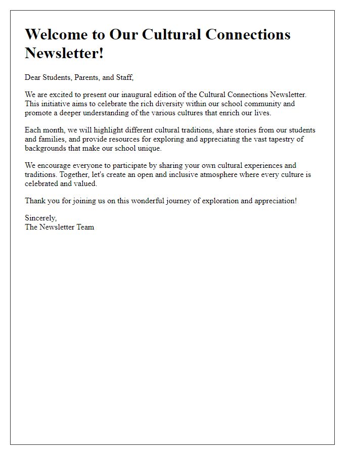 Letter template of cultural themed newsletter introduction for schools.