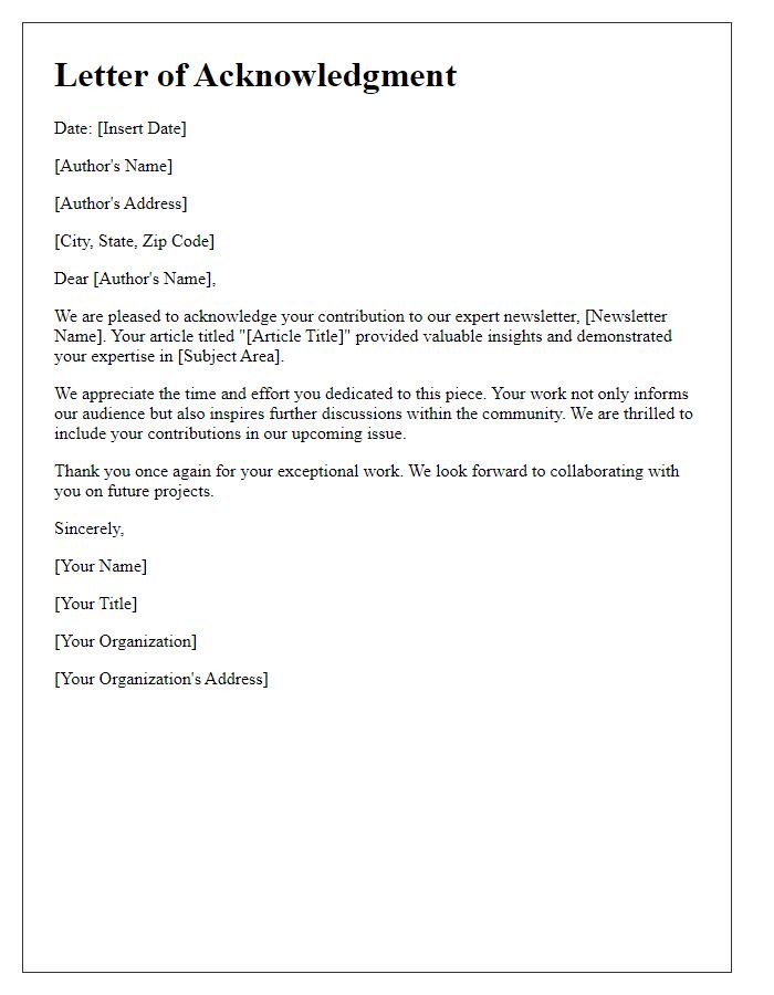 Letter template of acknowledgment for expert newsletter authors