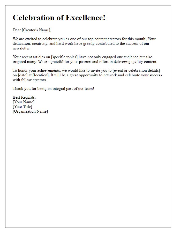 Letter template of celebration for top newsletter content creators