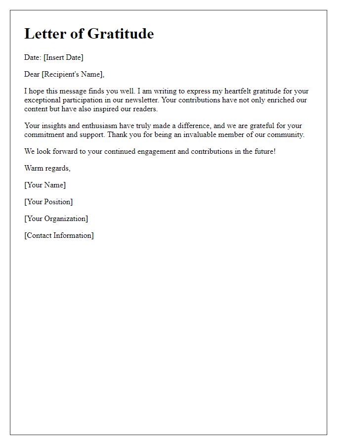 Letter template of gratitude for exceptional newsletter participation