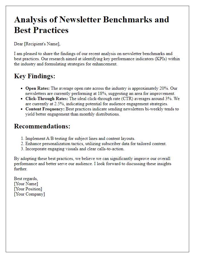 Letter template of analysis for newsletter benchmarks and best practices.