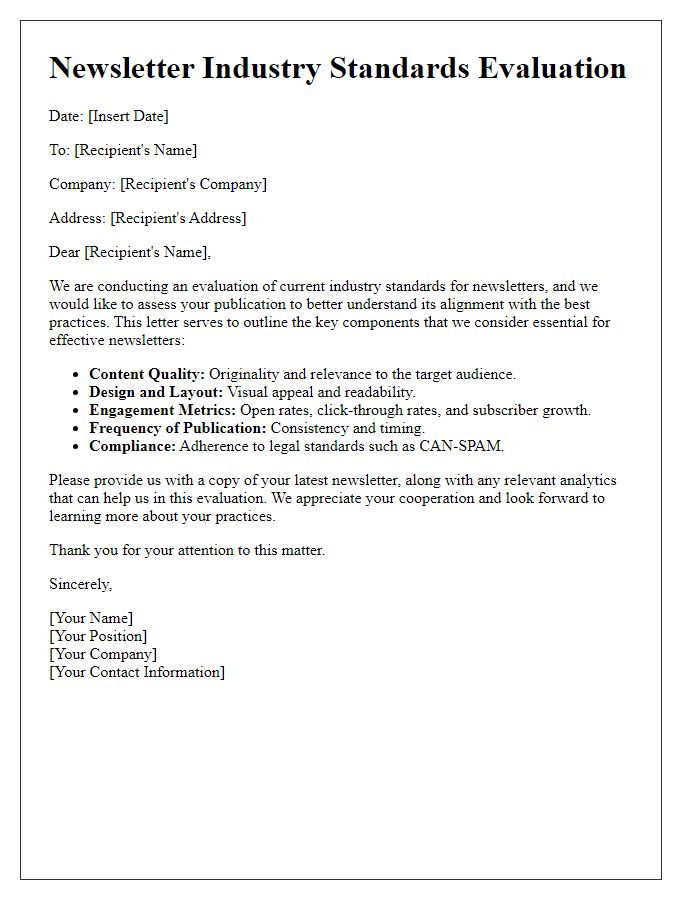 Letter template of evaluation for current newsletter industry standards.