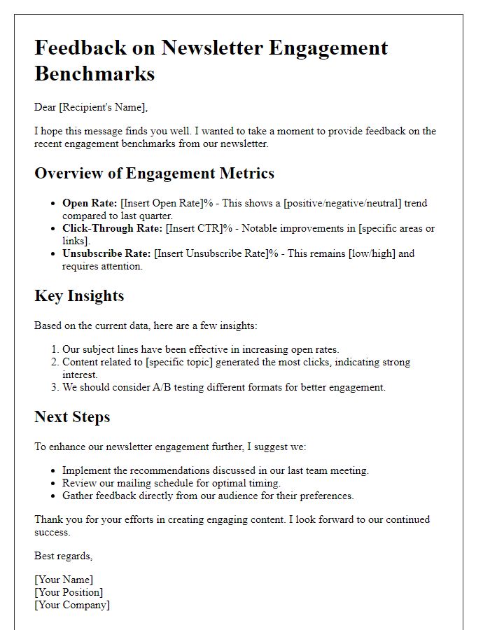 Letter template of feedback on newsletter engagement benchmarks.