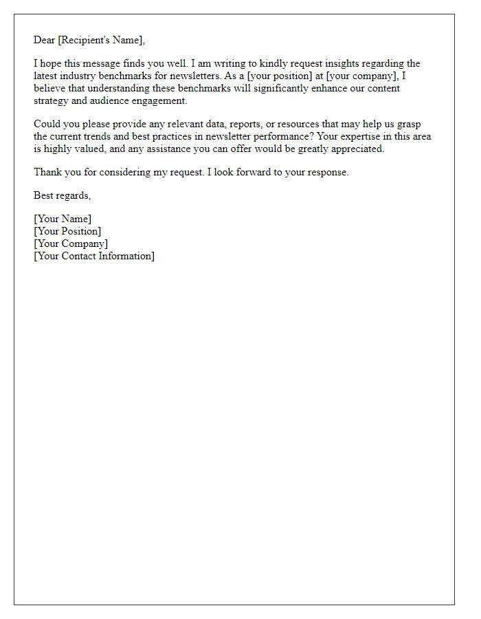 Letter template of request for newsletter industry benchmark insights.