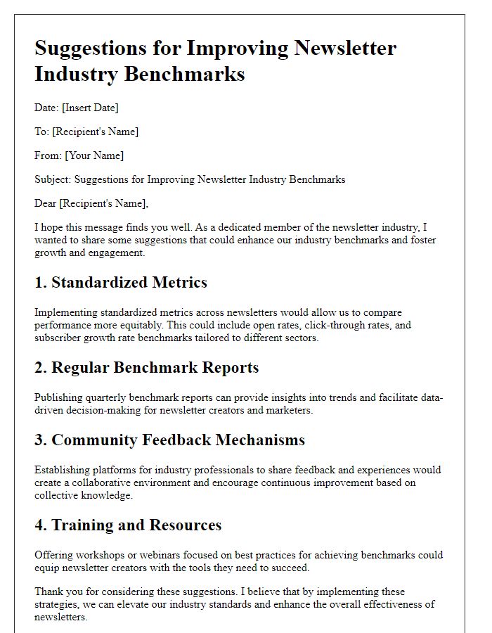 Letter template of suggestions for improving newsletter industry benchmarks.