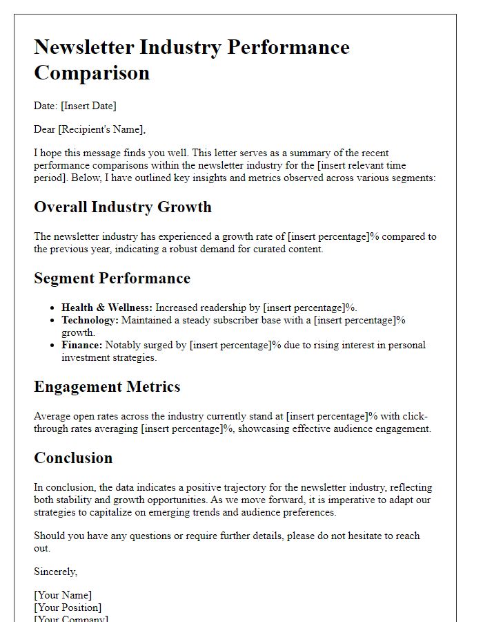 Letter template of summary of newsletter industry performance comparisons.