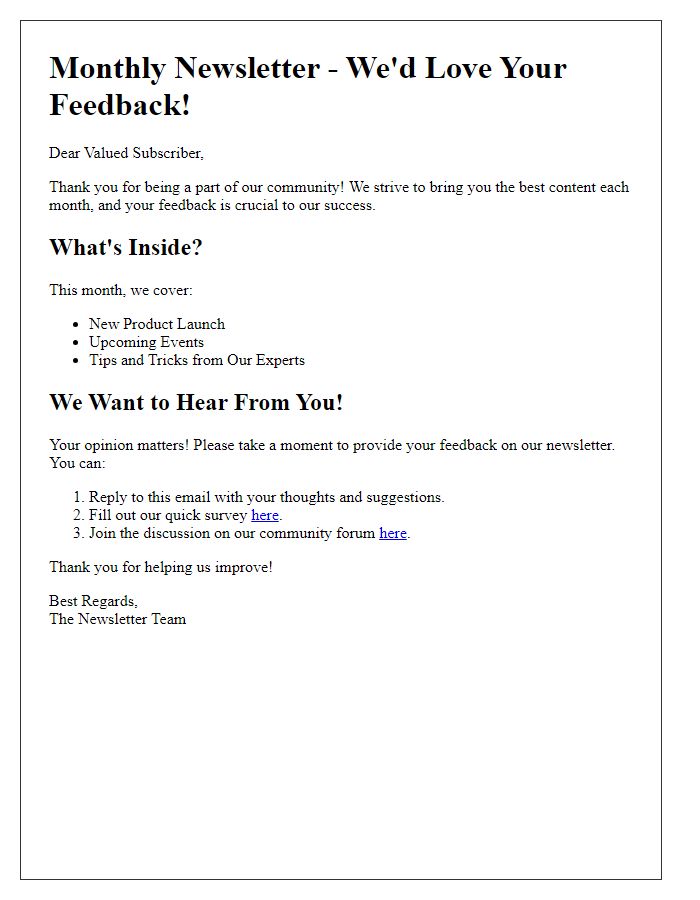 Letter template of including feedback mechanisms in newsletters