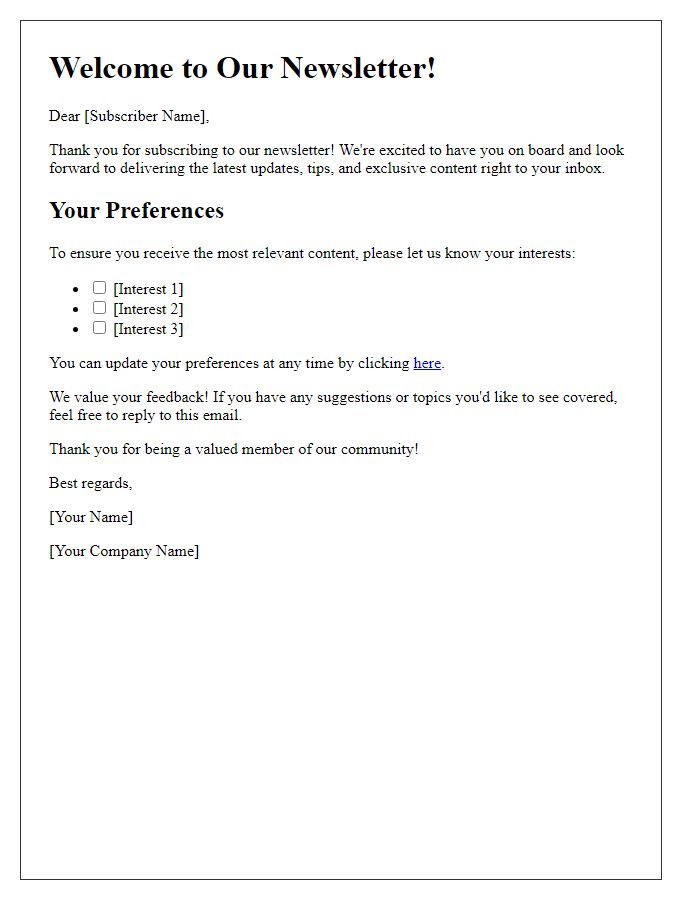 Letter template of personalizing newsletter delivery for subscriber satisfaction