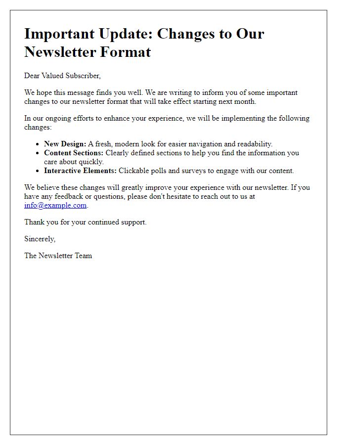 Letter template of important changes in our newsletter format