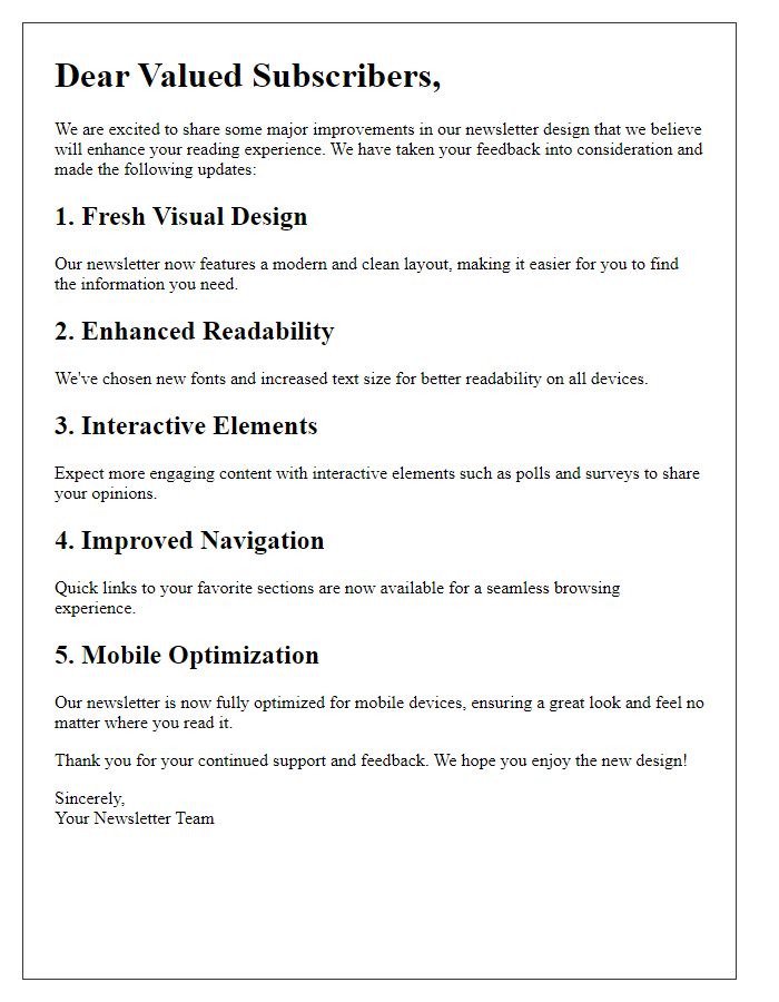 Letter template of major improvements in our newsletter design