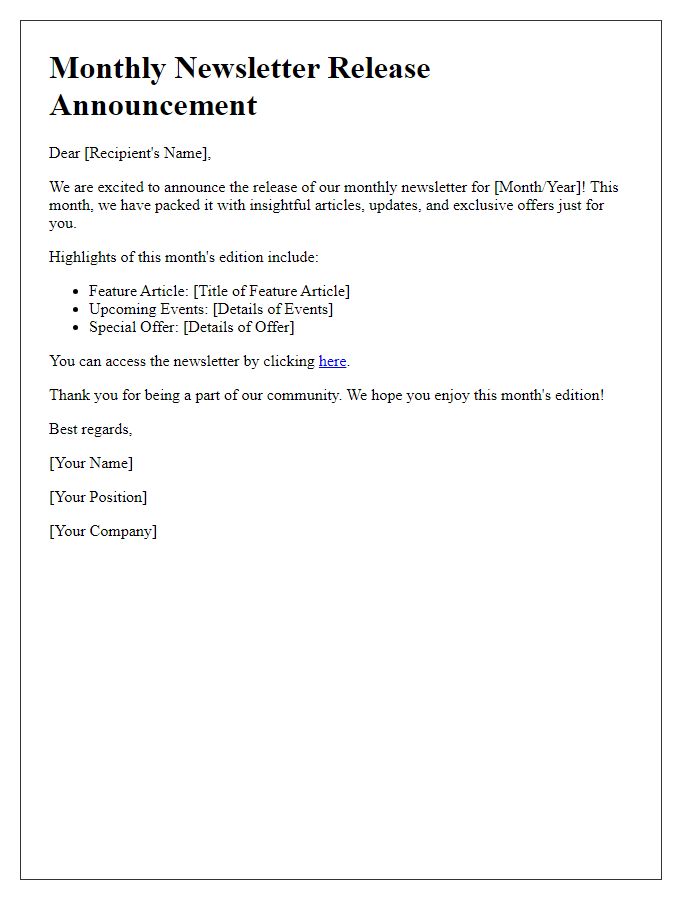 Letter template of monthly newsletter release announcement