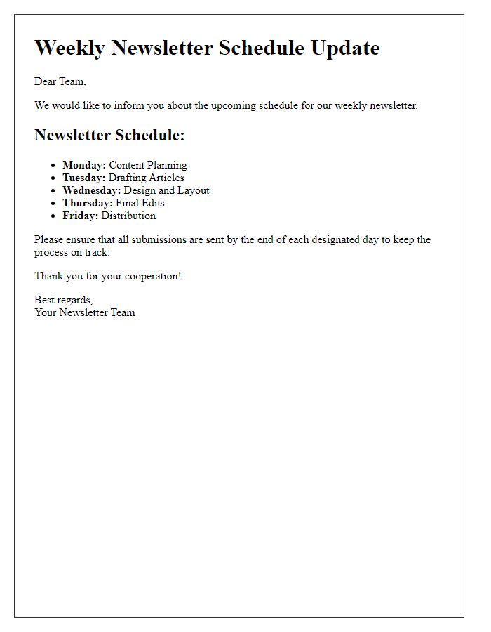 Letter template of weekly newsletter schedule update